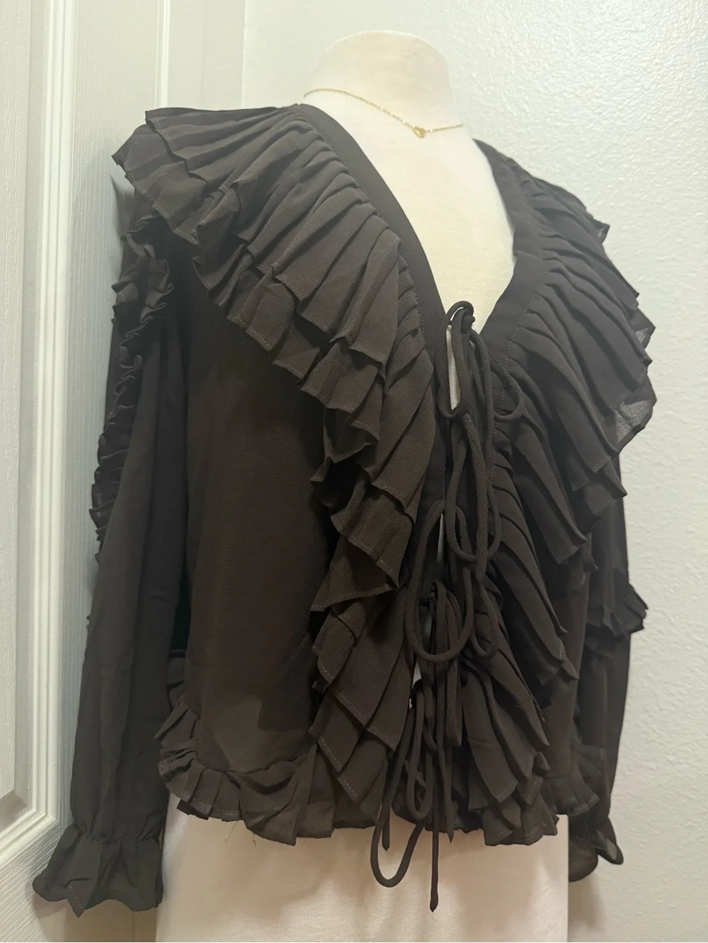 Joie Dark Brown Hot Fudge Boho/Vintage Ruffle Tie-Front Long Sleeve Blouse